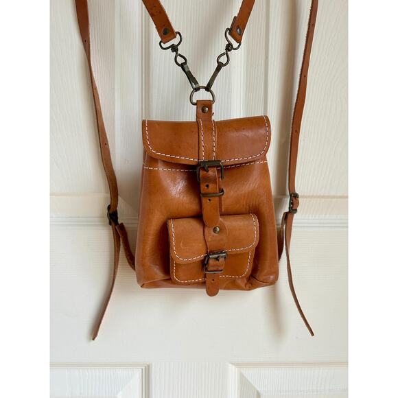 Vintage Handbags - Vintage 1970s Mini Leather Backpack | Vintage Leather Purse | Boho Chic